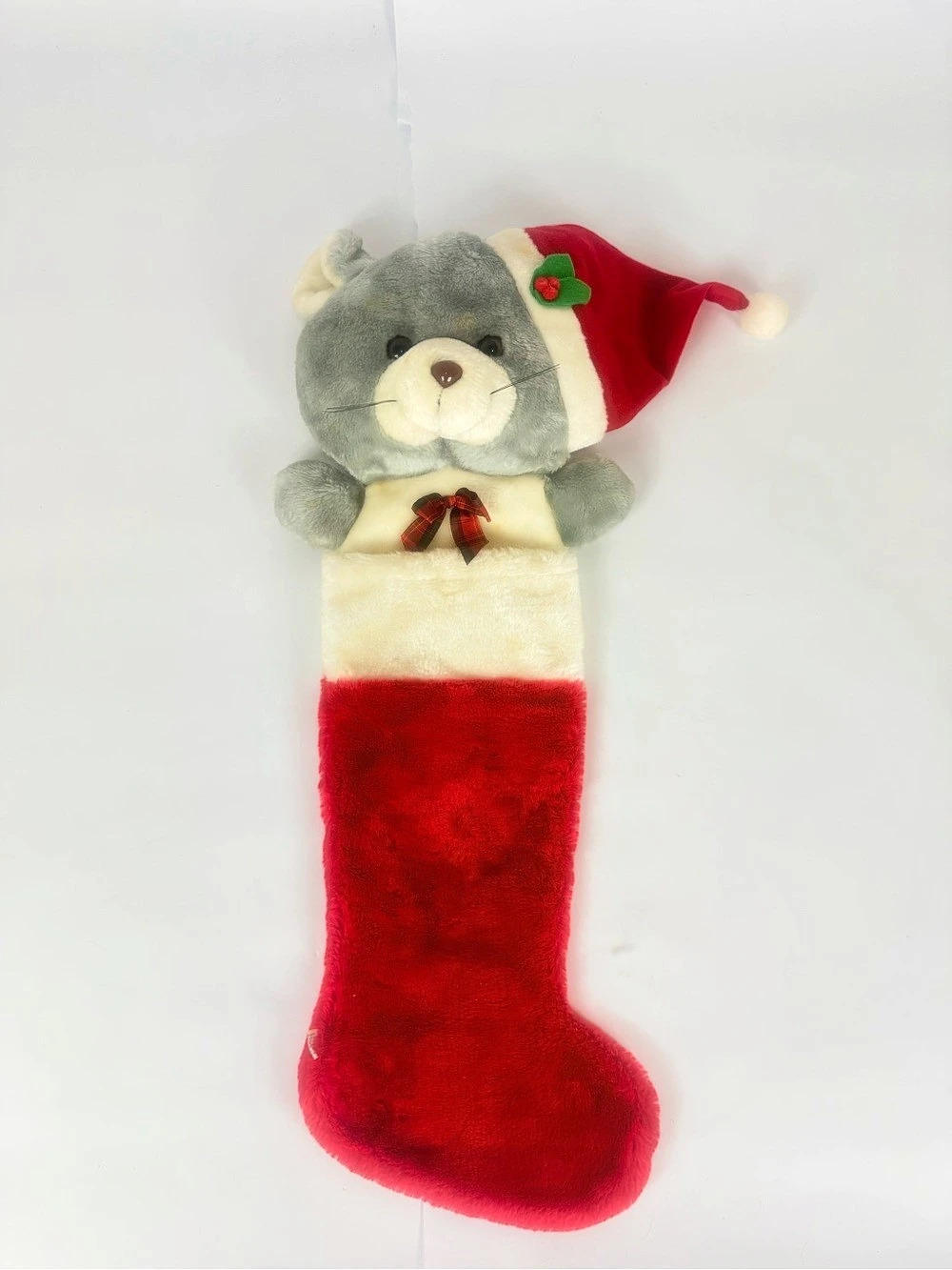 VTG Christmas Stocking 90’s Plush Gray Cat In Santa Hat 3D Holly Berry